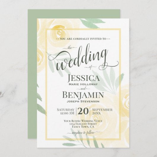 Invitation Yellow or Gold Boho Roses Stylish Script Wedding (Devant / Derrière)