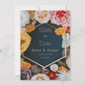 Invitation Yellow pink navy blue gold floral Save the Date (Devant)