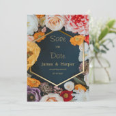 Invitation Yellow pink navy blue gold floral Save the Date (Debout devant)