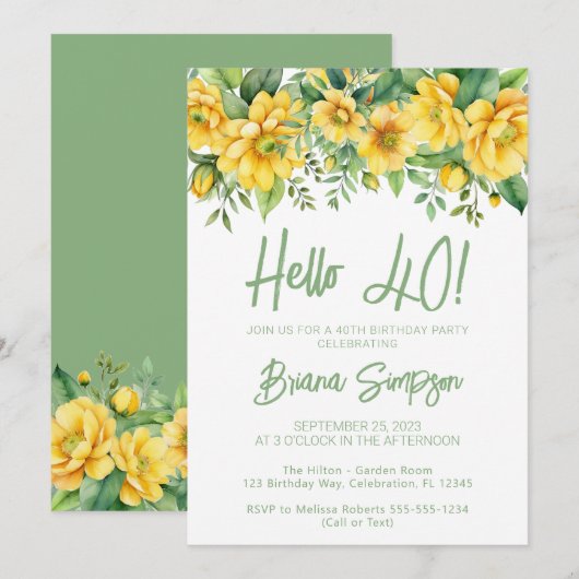 Invitation Yellow Sage Green Floral 40th Birthday Party (Devant / Derrière)