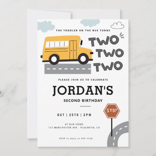 Invitation Yellow School Bus 2e anniversaire Roues dans le bu (Devant)