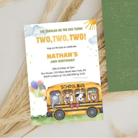 Invitation Yellow School Bus 2e anniversaire Roues dans le bu