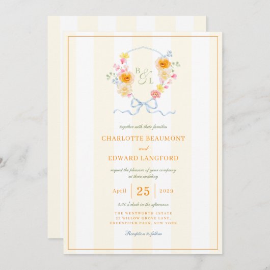 Invitation Yellow Stripe Floral Crest Spring Monogram Wedding (Devant / Derrière)