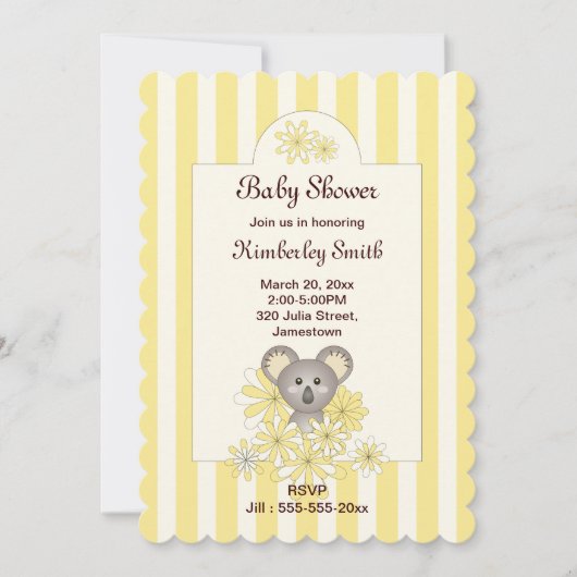 Invitation Yellow Stripe Koala Baby shower neutre pour les fe (Devant)