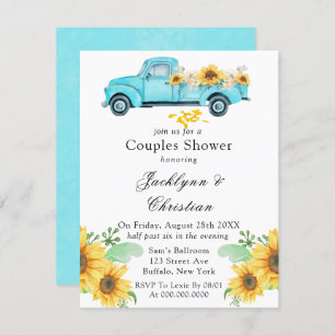 Invitation Yellow Sunflower Aqua Camion Vintage Couples Douch