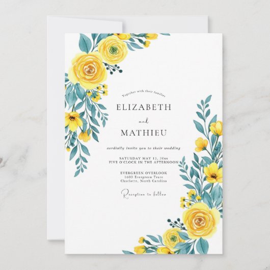 Invitation Yellow Teal Flourishing Spring Wedding (Devant)