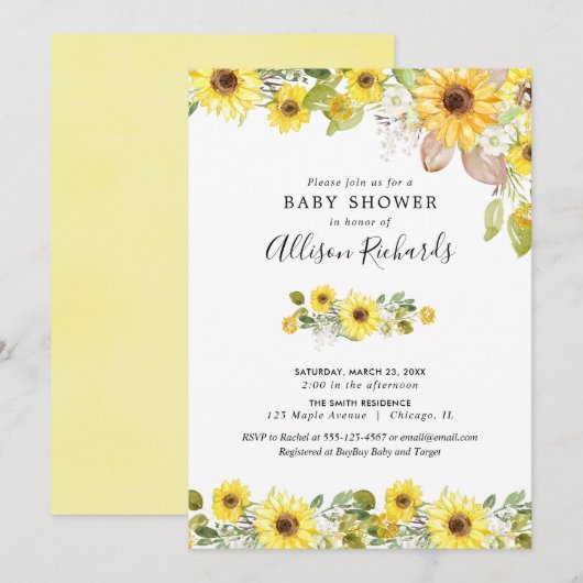 Invitation Yellow tournesol aquarelle fille baby shower (Devant / Derrière)