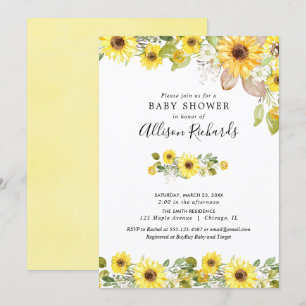 Invitation Yellow tournesol aquarelle fille baby shower