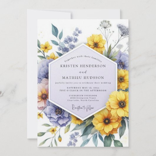Invitation Yellow Violet Botanical Whimsy Wedding (Devant)