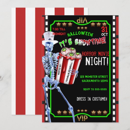 Invitation Yeux de Popcorn Squelette Soirée Cinéma Halloween (Devant / Derrière)