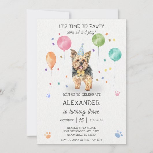 Invitation Yorkshire laisse Chien Chien Pawty Puppy Anniversa (Devant)
