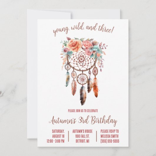 Invitation Young, Wild, & 3 ! Boho Dreamcatcher fête d'annive (Devant)