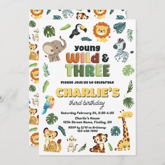 Invitation Young Wild & 3 Safari Zoo Animal fête d'anniversai (Devant / Derrière)