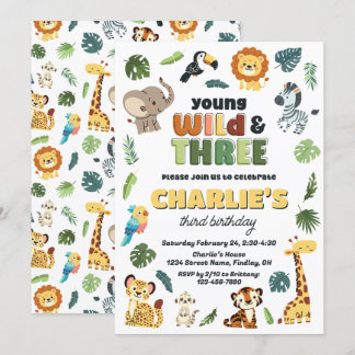 Invitation Young Wild & 3 Safari Zoo Animal fête d'anniversai
