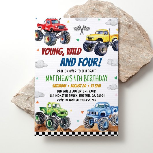 Invitation Young Wild 4th Monster Truck Anniversaire de enfan
