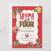 Invitation Young Wild and Four Tiger Floral Birthday (Devant)