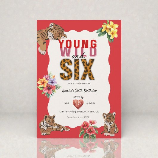 Invitation Young Wild and Six Tiger Floral Birthday