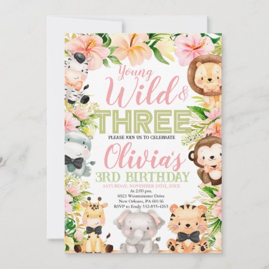 Invitation Young Wild and Three, 3e Anniversaire Animaux de l (Devant)