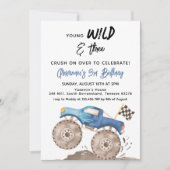 Invitation Young Wild and Three Birthday Blue Monster Truck (Devant)