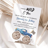 Invitation Young Wild and Three Birthday Blue Monster Truck