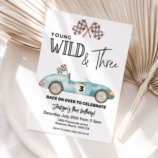 Invitation Young Wild and THREE Blue Race car 3rd birthday