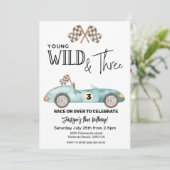 Invitation Young Wild and THREE Blue Race car 3rd birthday (Debout devant)