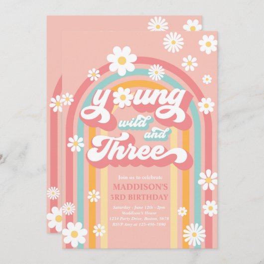 Invitation Young Wild And Three Boho Daisy Rainbow Birthday (Devant / Derrière)