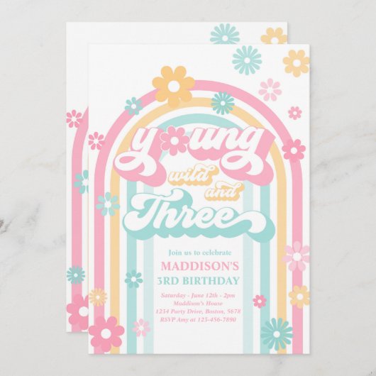 Invitation Young Wild And Three Boho Daisy Rainbow Birthday (Devant / Derrière)