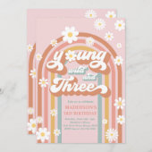 Invitation Young Wild And Three Boho Daisy Rainbow Birthday (Devant / Derrière)