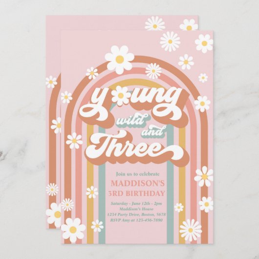 Invitation Young Wild And Three Boho Daisy Rainbow Birthday (Devant / Derrière)