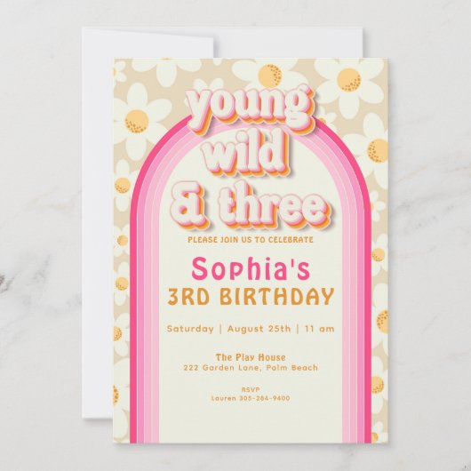 Invitation Young Wild and Three Boho Daisy Rainbow Birthday I (Devant)