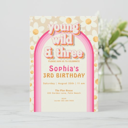 Invitation Young Wild and Three Boho Daisy Rainbow Birthday I (Debout devant)
