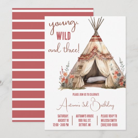 Invitation Young, Wild, and Three ! Boho TeePee fête d'annive (Devant / Derrière)