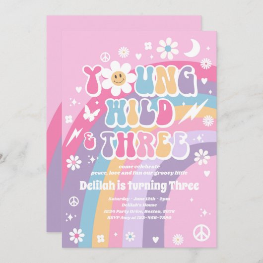 Invitation Young Wild And Three Hippie 3e fête d'anniversaire (Devant / Derrière)