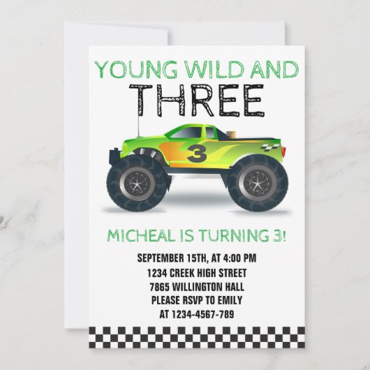 Invitation Young Wild and Three Monster Truck Troisième anniv (Devant)