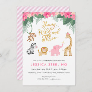 Invitation Young Wild and Three - Pink Safari Girl's 3rd