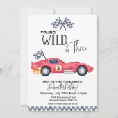 Invitation YOUNG Wild and Three Red Race Car Birthday  (Devant)