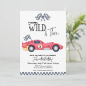 Invitation YOUNG Wild and Three Red Race Car Birthday  (Debout devant)