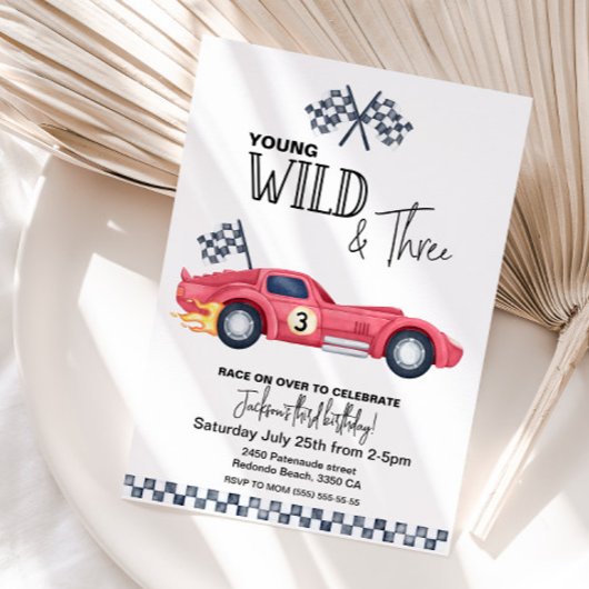 Invitation YOUNG Wild and Three Red Race Car Birthday 