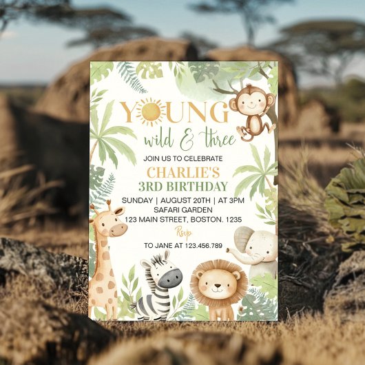 Invitation Young Wild and Three Safari Animaux Anniversaire