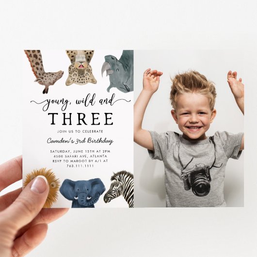 Invitation Young Wild and Three Safari Birthday Party Photo