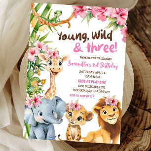 Invitation Young Wild and Three Safari Girl Troisième anniver