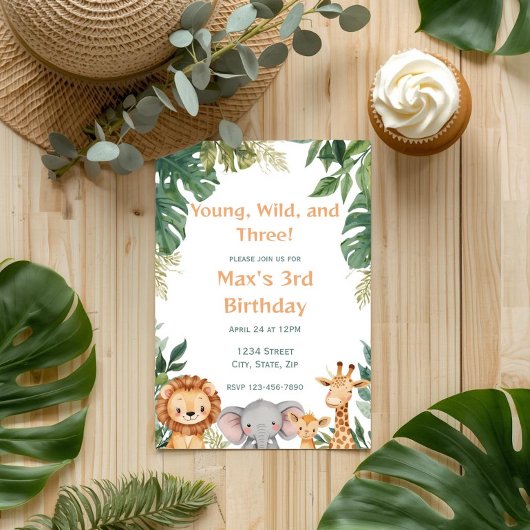 Invitation Young Wild and Three Safari Jungle Birthday