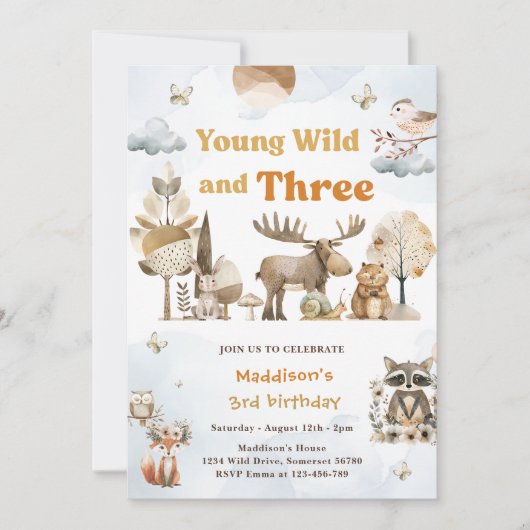 Invitation Young Wild and Three Woodland Animaux 3e anniversa (Devant)