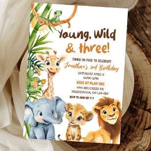 Invitation Young Wild and Three Zoo Safari Boy Troisième anni