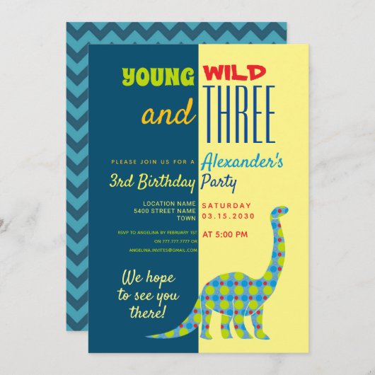Invitation Young Wild et Three Dinosaur 3e anniversaire (Devant / Derrière)