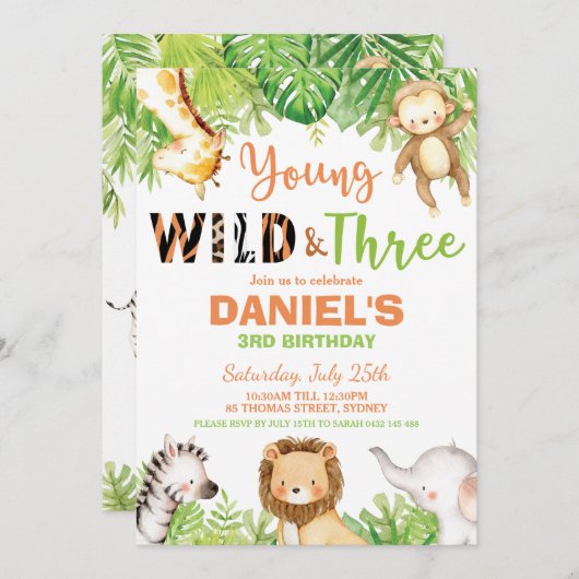 Invitation Young Wild et trois animaux de la jungle de 3e ann (Devant / Derrière)