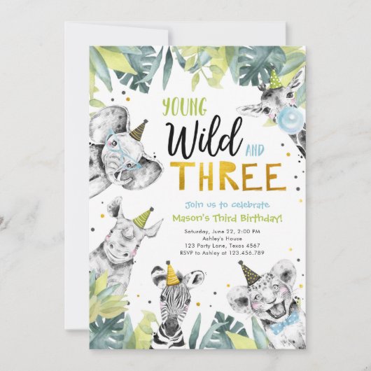 Invitation Young Wild et trois animaux Safari Boy Birthday (Devant)