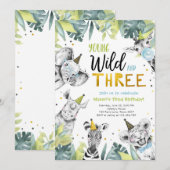 Invitation Young Wild et trois animaux Safari Boy Birthday (Devant / Derrière)