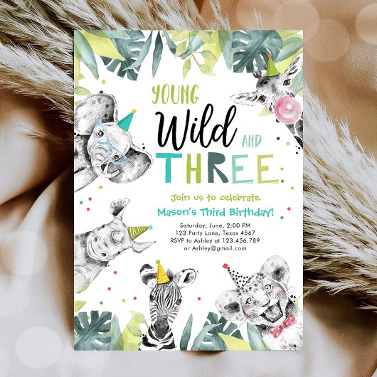 Invitation Young Wild et trois animaux Safari Boy Birthday